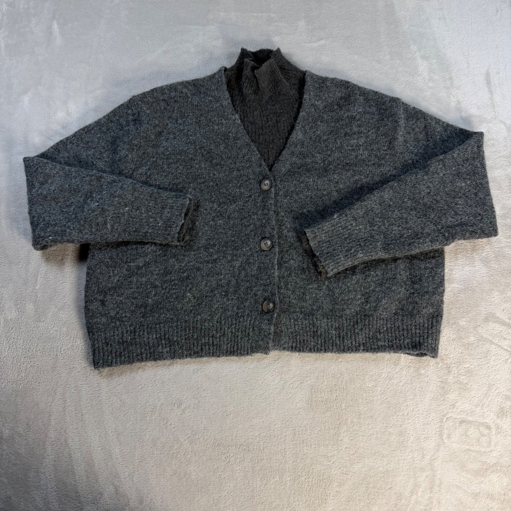 Zara Cardigan Knit V-Neck Button Front Womens Medium Grey Wool Alpaca Blend Cozy